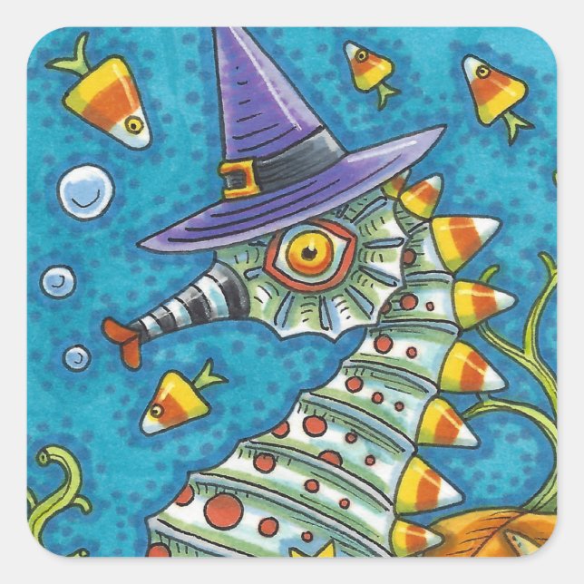 STICKER CARRÉ CANDY CORN SEAHORSE WITCH, SOUS LA MER HALLOWEEN (Devant)