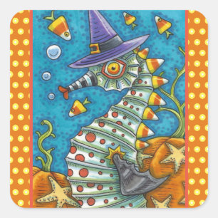 STICKER CARRÉ CANDY CORN SEAHORSE WITCH, SOUS LA MER HALLOWEEN
