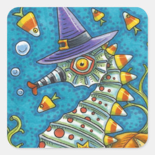 STICKER CARRÉ CANDY CORN SEAHORSE WITCH, SOUS LA MER HALLOWEEN