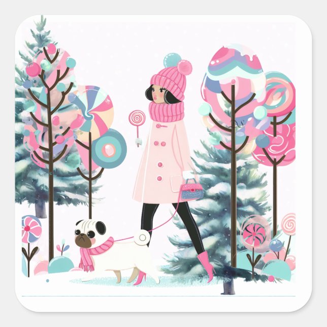 Sticker Carré Candy Delights Girl Walking Dog (Devant)