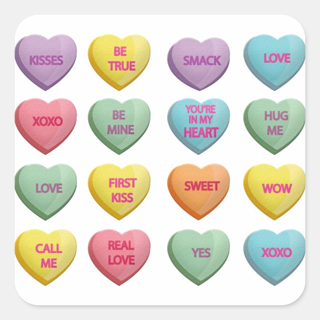 Sticker Carré Candy Hearts Sweet Valentine Love Messages (Devant)
