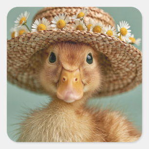 Sticker Carré Caneton adorable portant un chapeau de paille