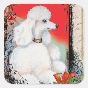 Sticker Carré Caniche blanc Marque de Noël Vintage Style Sticke
