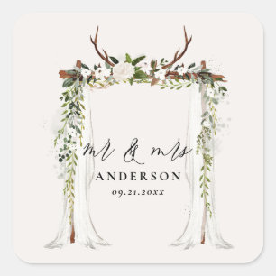 Sticker Carré Canopy mariage botanique rustique m et mrs script