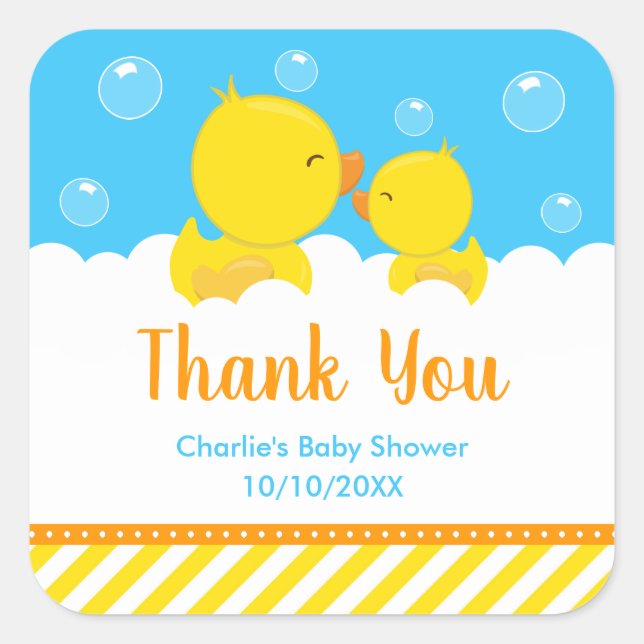 Sticker Carré Caoutchouc Baby shower bleu Merci jaune (Devant)