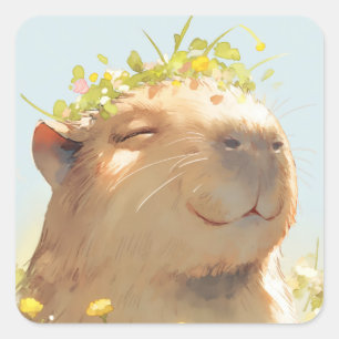 Sticker Carré Capybara d'alimentation des fleurs