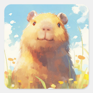 Sticker Carré Capybara dans la Prairie