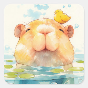 Sticker Carré Capybara et Ami Oiseau