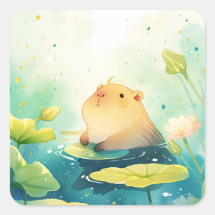 Sticker Carré Capybara Flottant dans le Bonheur