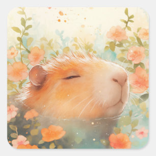 Sticker Carré Capybara Flottant Parmi Les Fleurs Sauvages