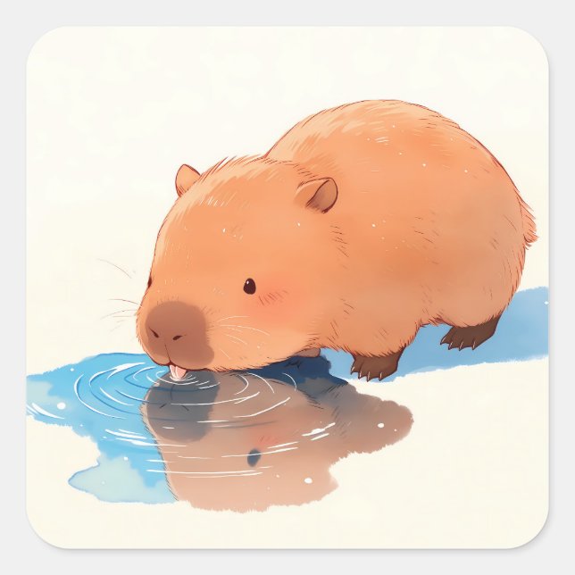 Sticker Carré Capybara Mignon Buvant dans une Flaque Bleue (Devant)
