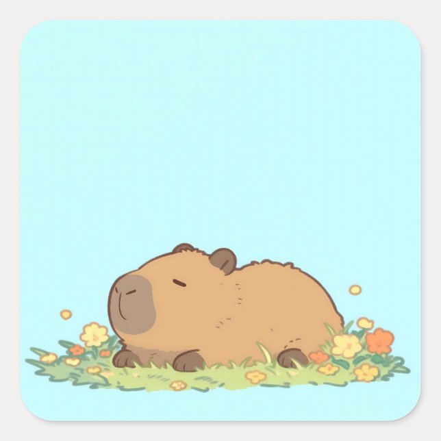 Sticker Carré Capybara paisible endormi dans une prairie fleurie (Devant)