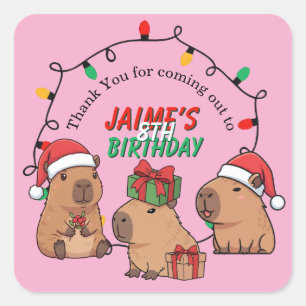 Sticker Carré Capybara Rose Noël Anniversaire