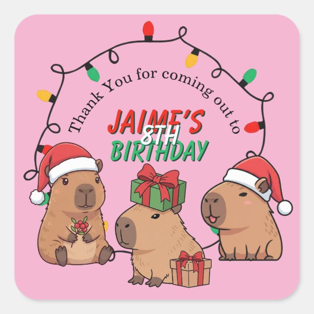 Sticker Carré Capybara Rose Noël Anniversaire (Devant)