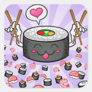 Sticker Carré Caractère de dessin sushi Manger beaucoup de creve