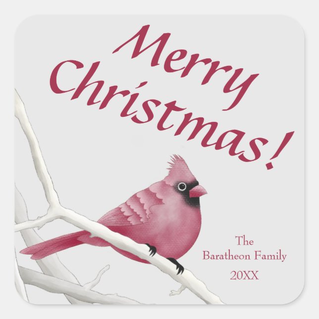 Sticker Carré Cardinal d'aquarelle rouge Joyeux Noël (Devant)