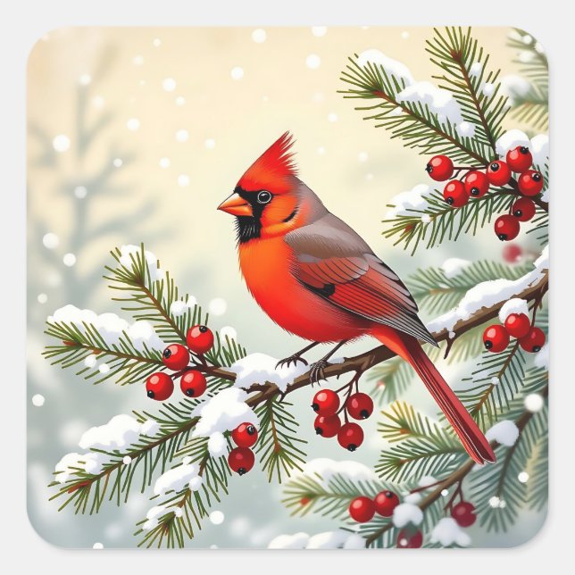 Sticker Carré Cardinal de Noël sur branche de pin enneigée  (Devant)