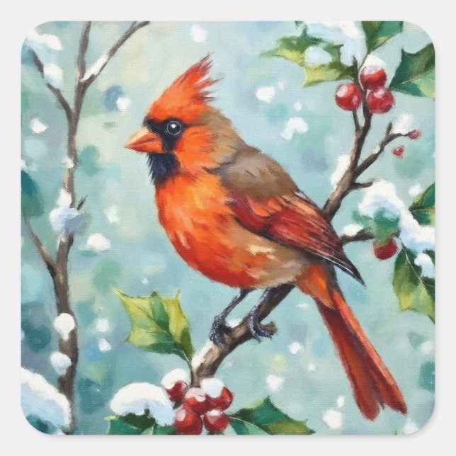 Sticker Carré Cardinal de Noël sur une branche de houx (Devant)