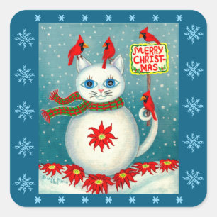 Sticker Carré Cardinal oiseau neige Noël Poinsettia bonhomme de