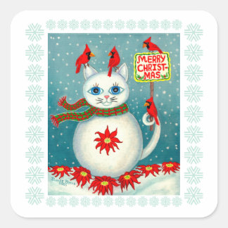 Sticker Carré Cardinal oiseau Poinsettia bonhomme de neige Snowc
