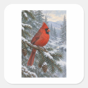 Sticker Carré Cardinal rouge dans un paysage boisé enneigé
