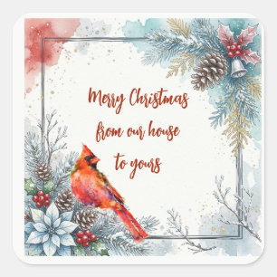 Sticker Carré Cardinal rouge personnalisé Oiseau Poinsettia Baie