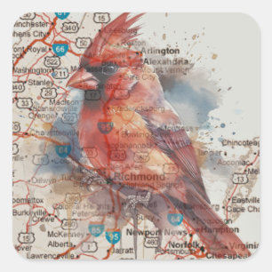 Sticker Carré Cardinal sur carte routière de Virginie Art aquare