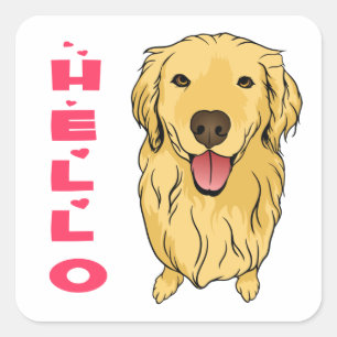 Sticker Carré Caricature Amoureux des chiens chiot Hello Golden