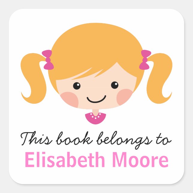 Sticker Carré Caricature blonde mignonne fille bibliothèque pers (Devant)