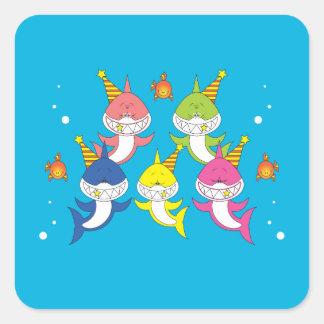 Sticker Carré Caricature de la famille des requins mignons