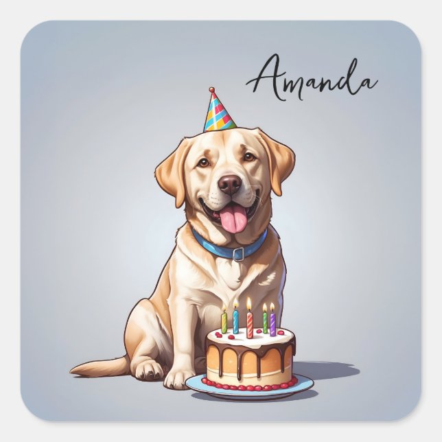 Sticker Carré Caricature Jaune Labrador Retriever Anniversaire (Devant)