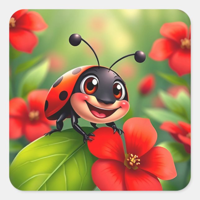 Sticker Carré Caricature souriante Ladybug assise sur la fleur (Devant)