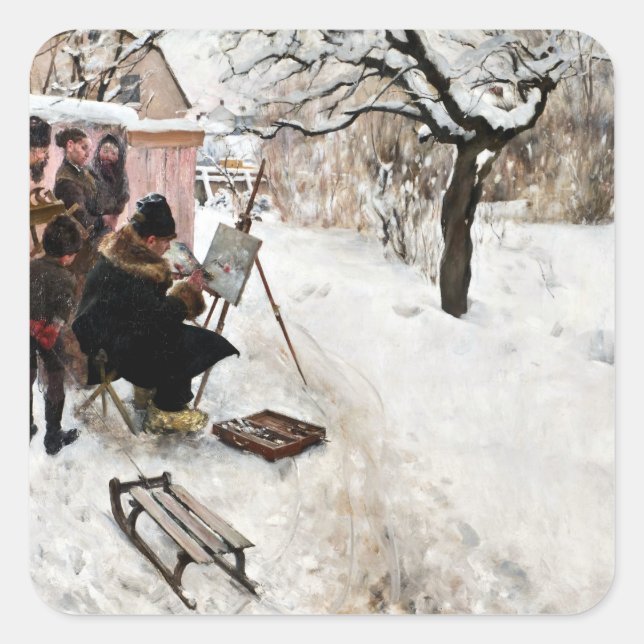 Sticker Carré Carl Larsson Peintre en plein air. Motif hiver (Devant)