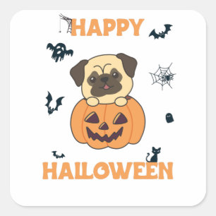Sticker Carré Carlin En Chiens Doux Citrouilles Bonne Halloween