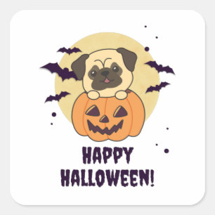 Sticker Carré Carlin En Chiens Doux Citrouilles Bonne Halloween