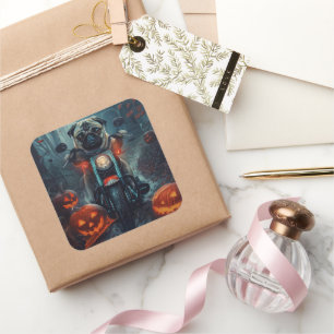 Sticker Carré Carlin équitation moto Halloween effroi