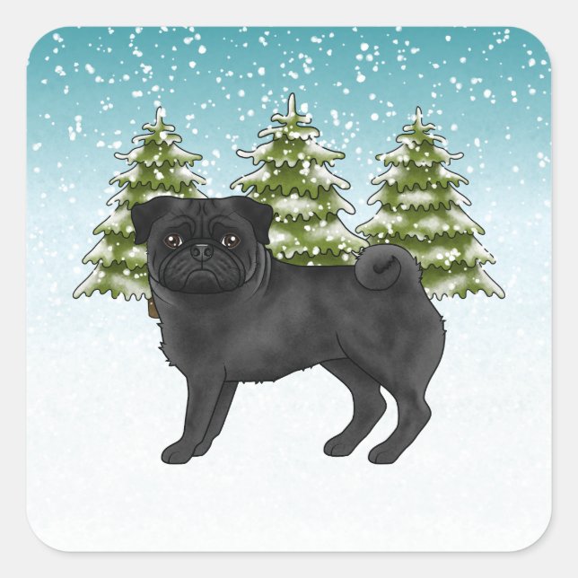 Sticker Carré Carlin noir mignon caricature Chien Snowy Winter F (Devant)