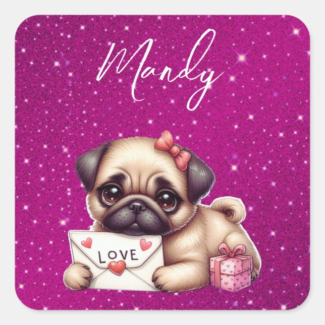 Sticker Carré Carlin Valentine's Day Carlin personnalisé Puppy L (Devant)