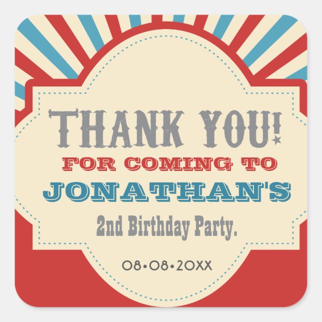 Sticker Carré Carnaval de cirque personnalisé 2e anniversaire (Devant)