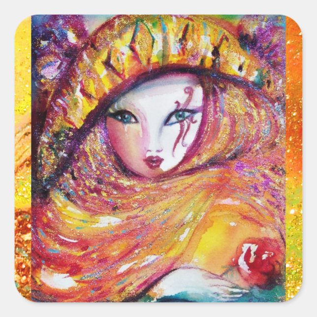 STICKER CARRÉ CARNAVAL EN JAUNE D'OR AVEC ROSE ROUGE (Devant)