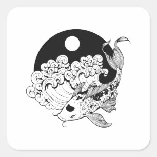 Sticker Carré Carpe japonaise koi avec Yin & Yang Arrière - plan