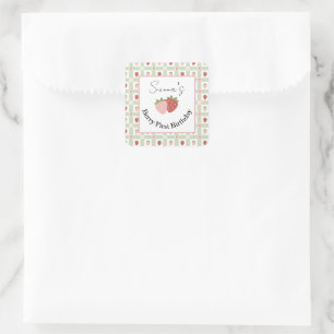 Sticker Carré Carré modifiable Gingham Fraise 1er Anniversaire