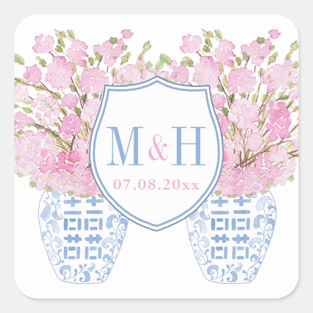 Sticker Carré Carré Monogram Crest Mariage rose et bleu Preppy (Devant)