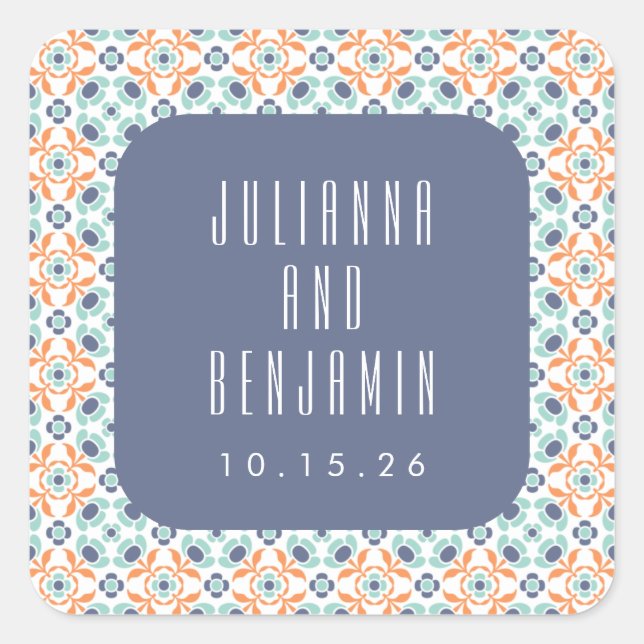 Sticker Carré Carreaux géométriques vintages Motif Mariage bleu  (Devant)