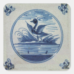 Sticker Carré Carrelage bleu Delft - Canard dans l'eau