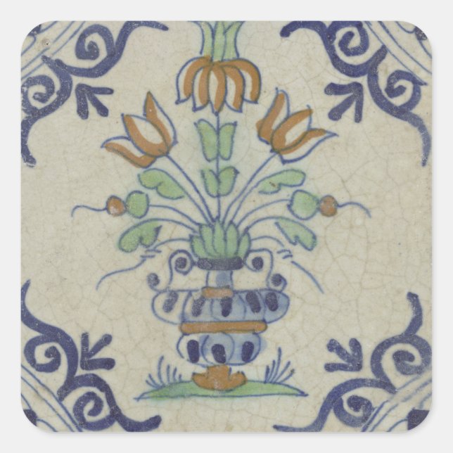 Sticker Carré Carrelage Delft Antique Pot de Fleur Céramique (Devant)