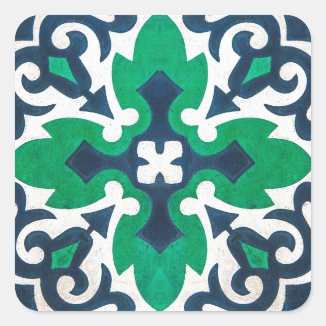 Sticker Carré Carrelage d'ornement Damask bleu vert torse (Devant)