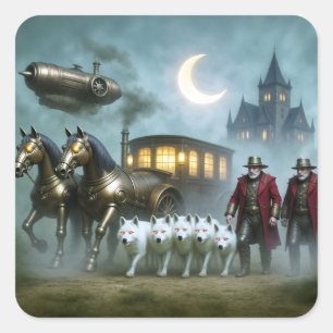 Sticker Carré Carrosse Steampunk avec cochers et loups blancs