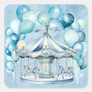 Sticker Carré Carrousel Bleu avec Ballons Arc Baby shower garçon