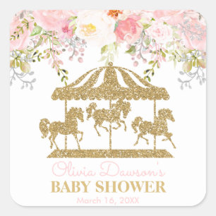 Sticker Carré Carrousel floral Blush Baby shower rose et or